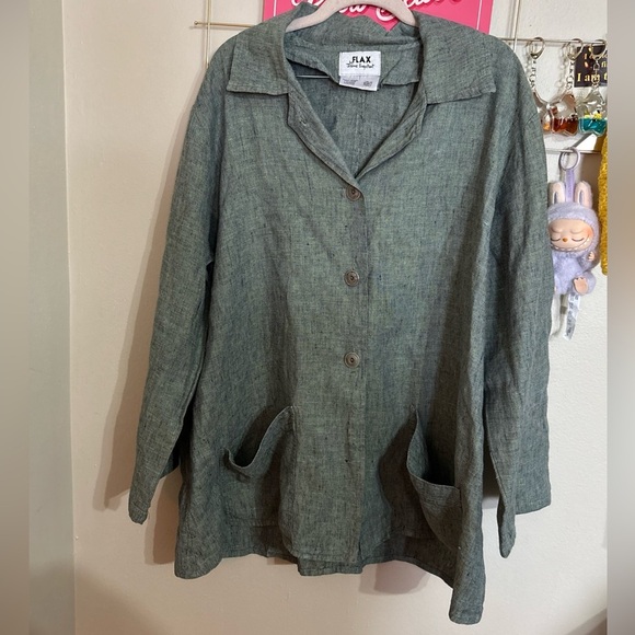 FLAX button down Linen Jacket lagenlook chore coat size L - Picture 1 of 3